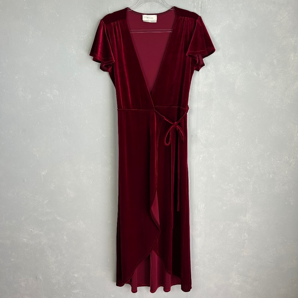 BHLDN Anthropologie size S Thrive midi wrap dress burgundy velvet short sleeve